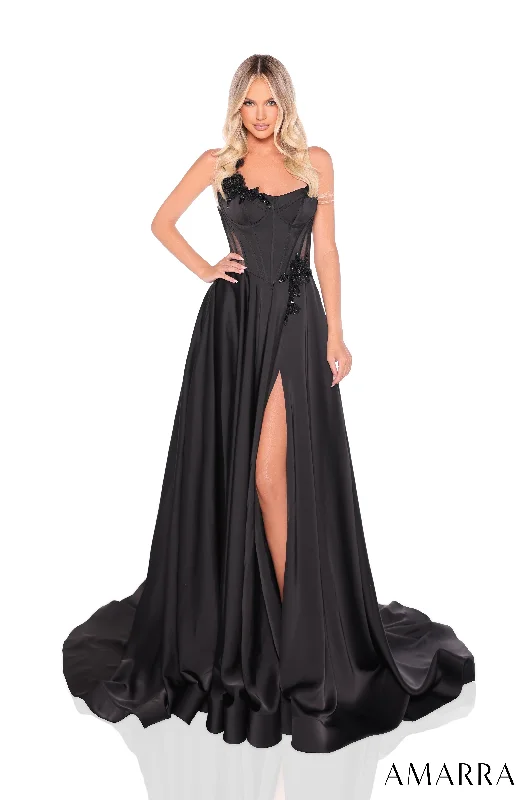 cocktail dresses with ruched sides for slimming effect --Satin Sleeveless A-line Slit Gown by Amarra 88214