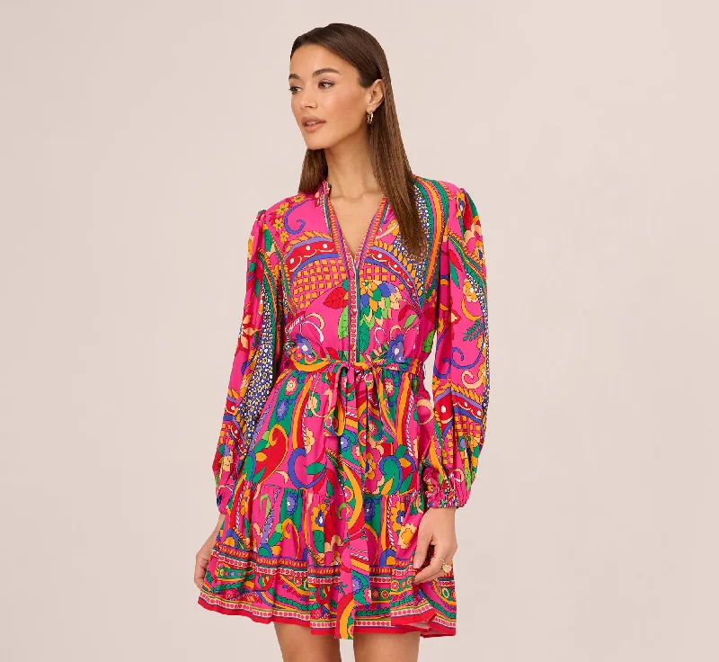 Spring dresses with tie-front details for added charm -Long Sleeve Retro Printed A Line Dress In Pink Multi