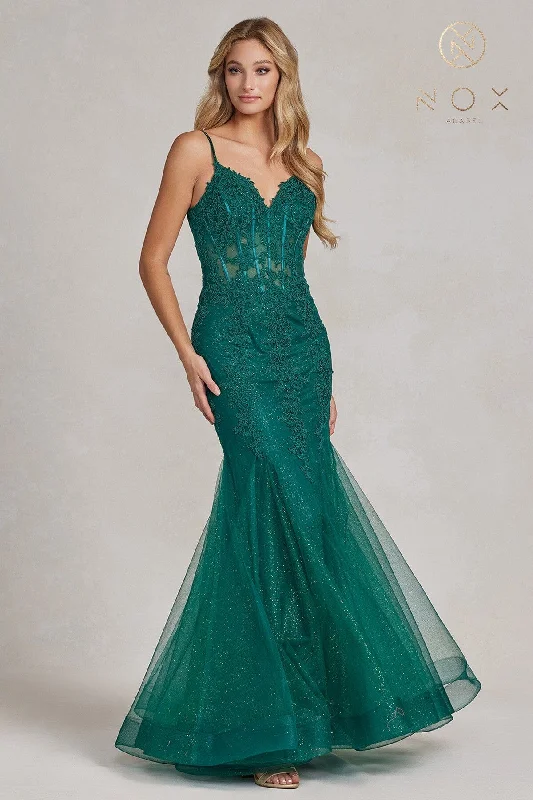 formal dresses in pastel colors for springtime events --Applique V-Neck Mermaid Gown by Nox Anabel P1170