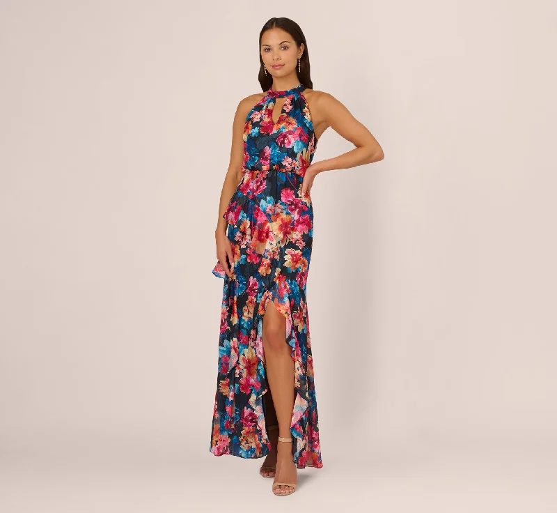 formal dresses with chiffon overlays for soft flow --Floral Printed Halter Mermaid Gown With Ruffle Details In Navy Multi