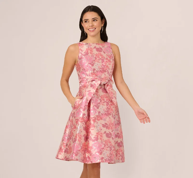Spring dresses with a boatneck for a classic touch -Sleeveless Floral Jacquard Fit And Flare Dress In Pink Multi