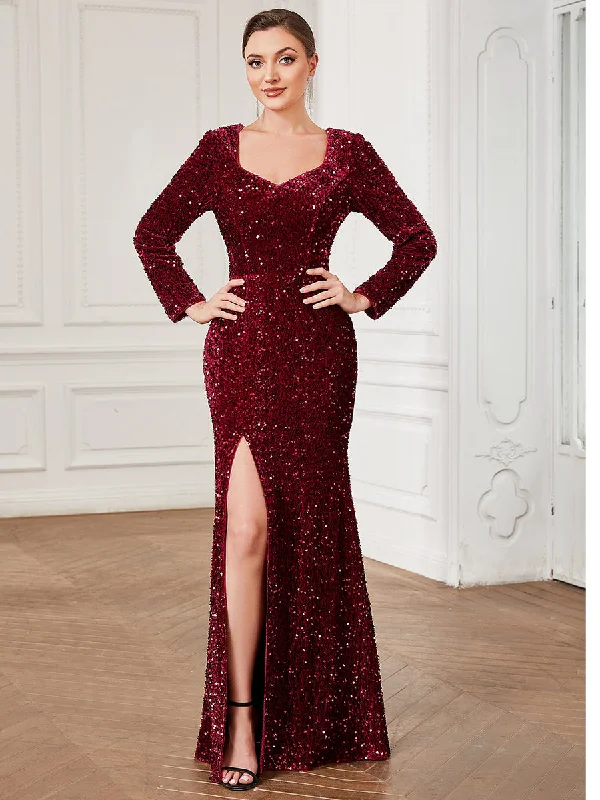 Comfortable cocktail dresses for extended events -Shiny Long Sleeves Sweetheart Neck Fishtail Wholesale Evening Dresses