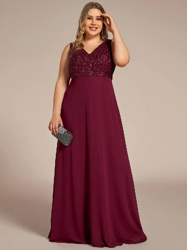 Dazzling sequin dresses for fancy occasions -Plus-Sleeveless VNeck Sequin & Chiffon Wholesale Evening Dresses