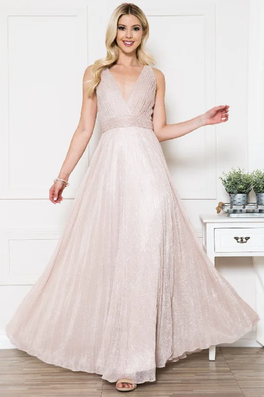 cocktail dresses with corset tops for structured fit --Pleated Metallic V-Neck Gown by Amelia Couture L598