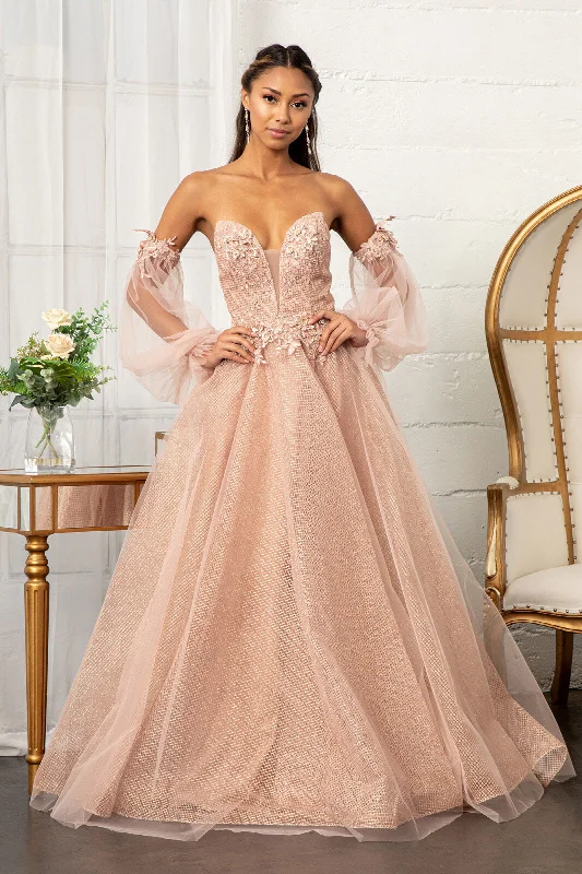 cocktail dresses with satin sashes for waist accentuation --3D Floral Puff Sleeve Gown by Elizabeth K GL3015