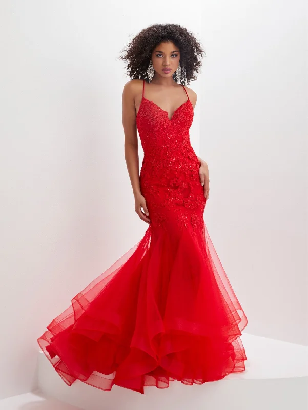 cocktail dresses with lace trims for delicate accents --Applique Ruffled Tulle Mermaid Dress by Tiffany Designs 16015