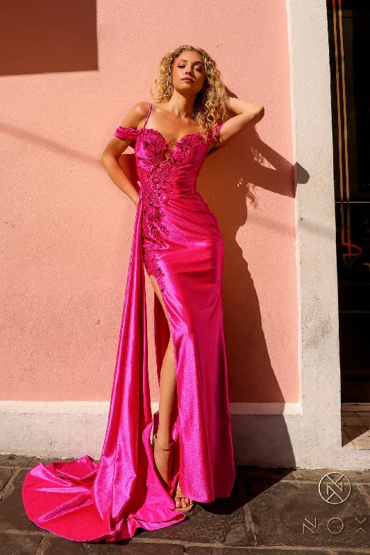 long sleeve cocktail dresses in velvet for winter weddings --Applique Satin Cold Shoulder Slit Gown by Nox Anabel E1451