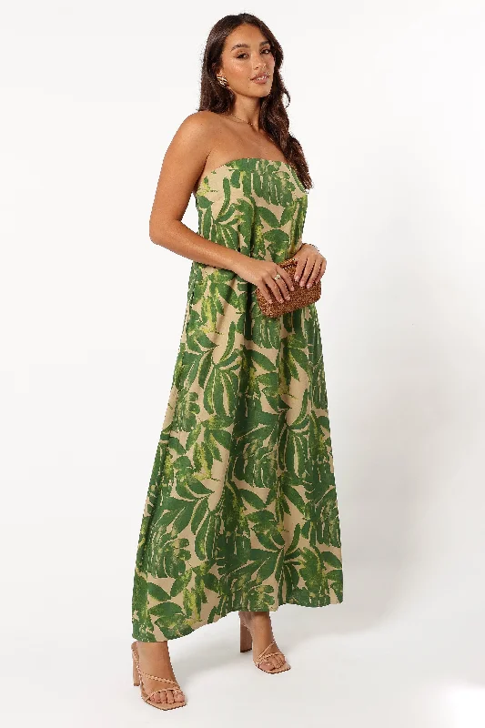 Wedding guest dresses with delicate embroidery for an intricate design -Penny Strapless Midi Dress - Ibiza Palm