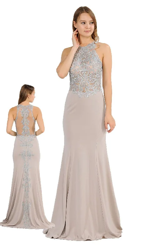 cocktail dresses with chiffon overlays for softness --Long Embroidered Dress with Sheer Back by Poly USA 8314