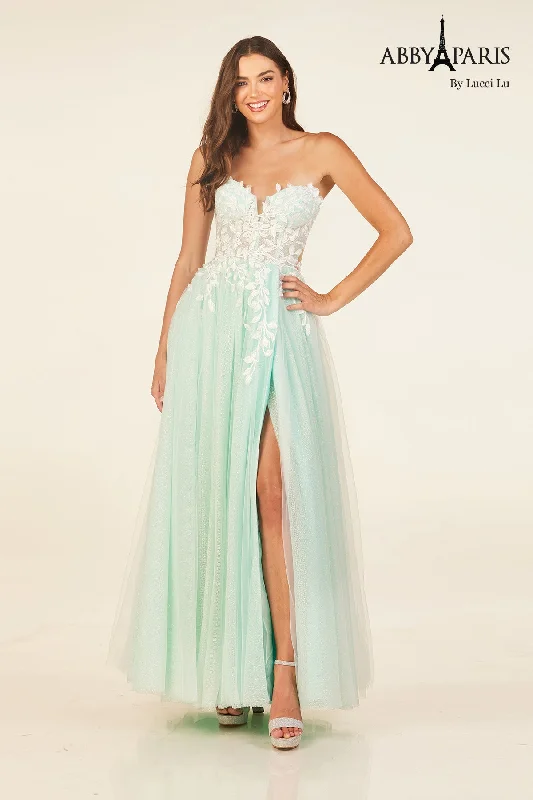 cocktail dresses with mesh sleeves for subtle coverage --Applique Strapless A-line Gown by Abby Paris 90337