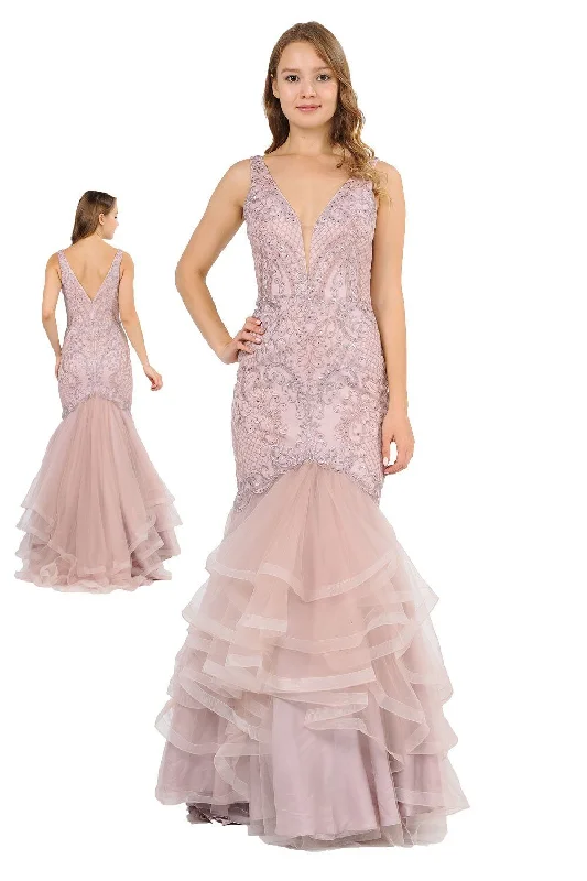 formal dresses with chiffon overlays for soft flow --Long Embroidered V-Neck Mermaid Dress by Poly USA 8320