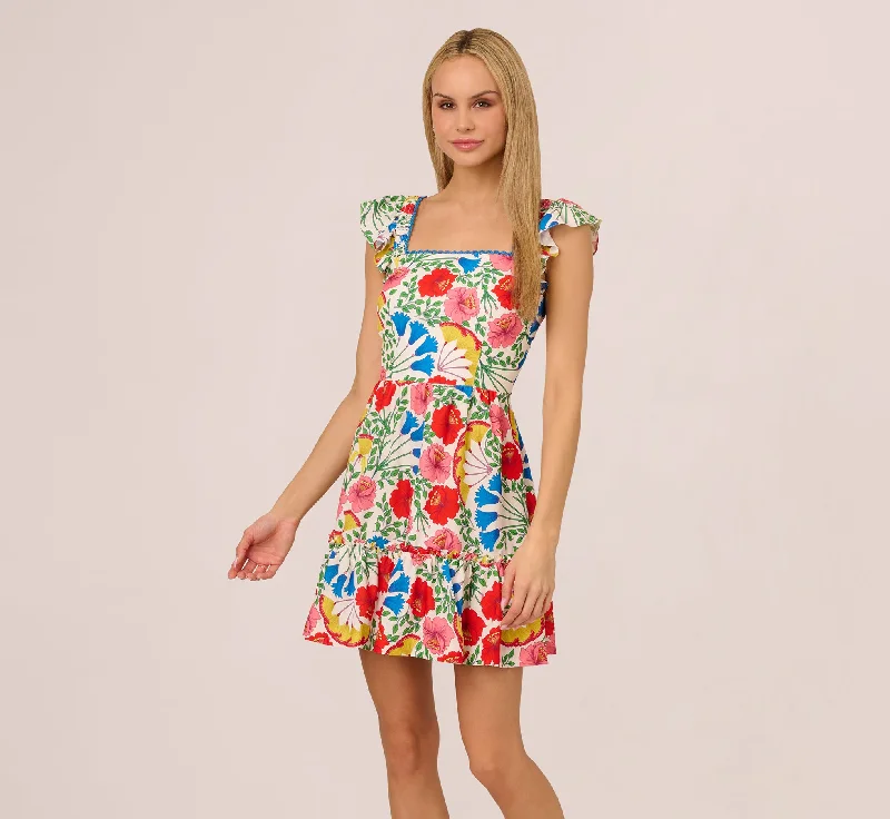 Where to buy spring dresses for weddings -Square Neck Floral Ruffle Short Dress In Ivory Multi