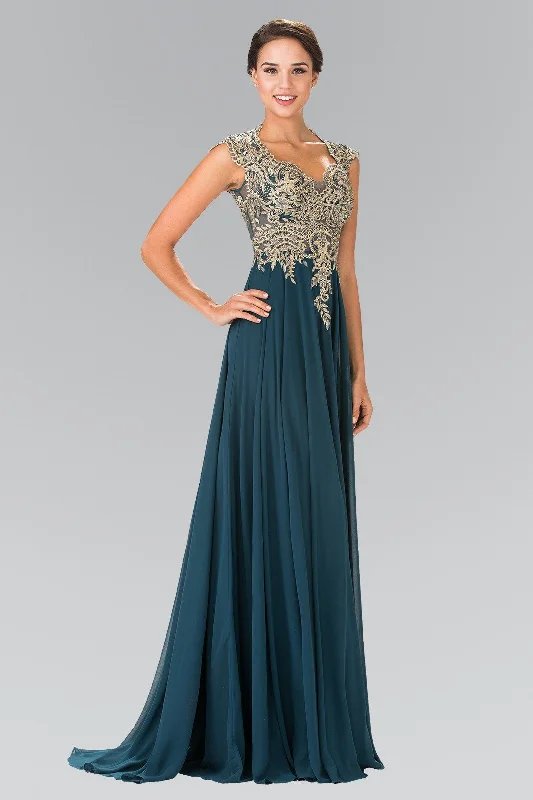 Trendy wedding guest dresses for a cocktail party reception -Long Sleeveless Dress with Gold Applique by Elizabeth K GL2229