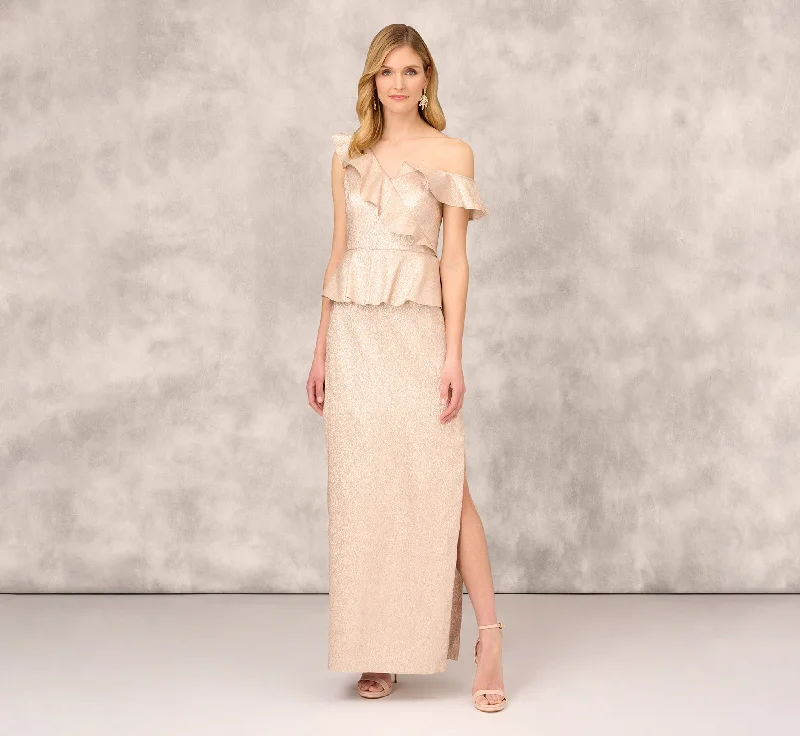 formal dresses in pastel colors for springtime events --Asymmetrical Column Gown With Ruffle Details In Taupe