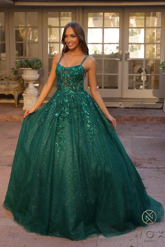 black cocktail dresses with lace details for formal dinners --Sequin Applique Sleeveless Ball Gown by Nox Anabel H1271