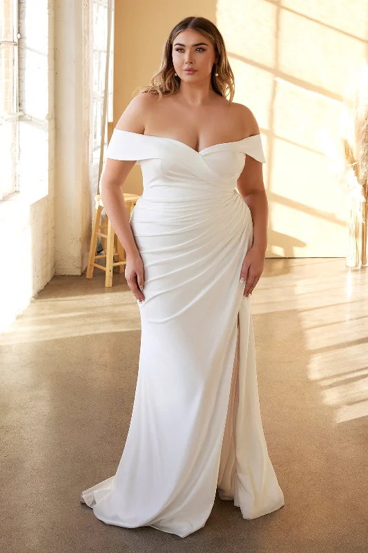 cocktail dresses with velvet finishes for winter warmth --Plus Size White Off Shoulder Gown by Cinderella Divine CD930C