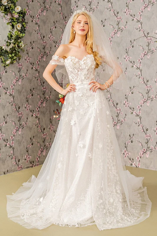 Wedding guest dresses with fitted bodices for a flattering fit -3D Floral Off Shoulder Wedding Gown by GLS Gloria GL3423