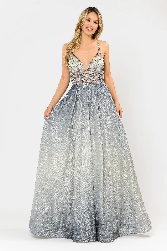 Wedding guest dresses that complement wedding themes -Long Ombre Glitter Dress with Sheer Bodice by Poly USA 8350