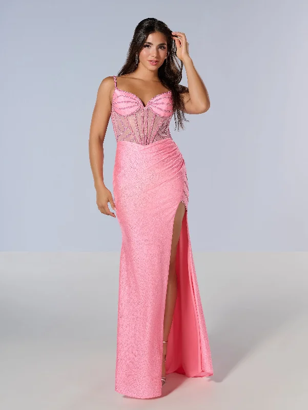 formal dresses with adjustable waist ties for comfort --Beaded Sheer Corset Slit Gown by Tiffany Designs 16203