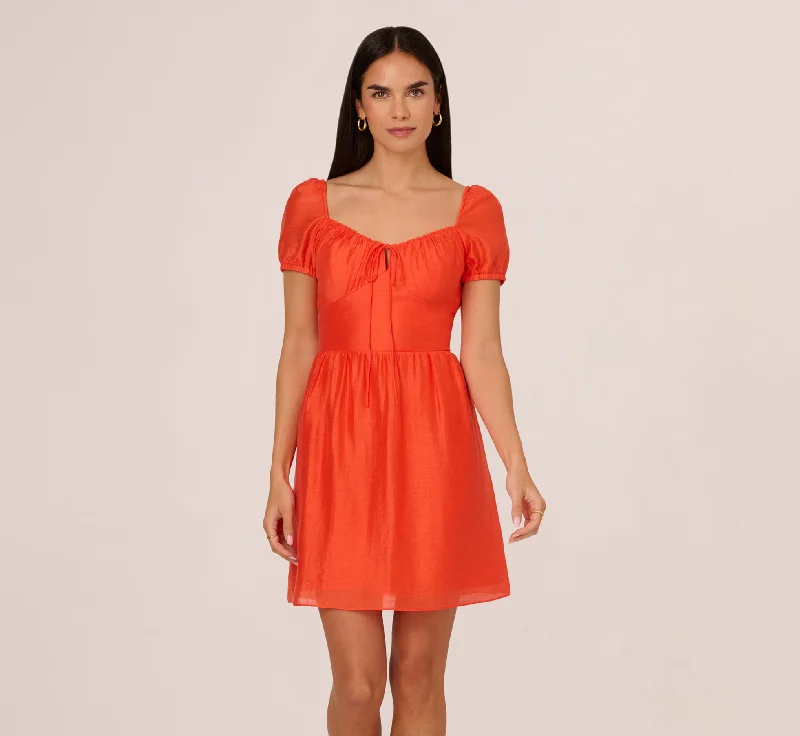 Spring dresses with pleated skirts for a graceful look -Shirred Fit And Flare Dress With Puff Short Sleeves In Orange Spice