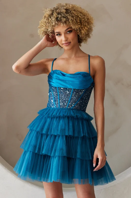 Bohemian-style graduation dresses for a relaxed vibe -Beaded Short Sleeveless Tiered Dress by Amelia Couture BZ9023S