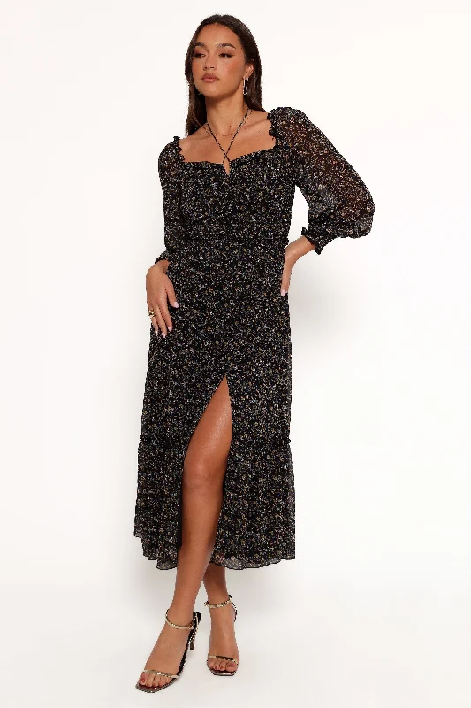 Wedding guest dresses with deep V-necks for added allure -Keziah Long Sleeve Maxi Dress - Navy Ditsy Floral