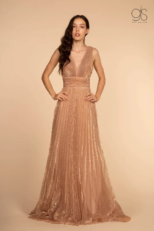 cocktail dresses with asymmetrical hemlines for unique style --Pleated Long Illusion V-Neck Metallic Dress by Elizabeth K GL2574