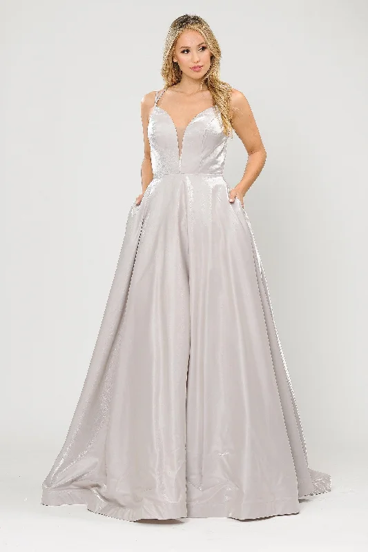 cocktail dresses with satin bows for elegant detail --Long A-line Satin Dress with Illusion V-Neckline by Poly USA 8644