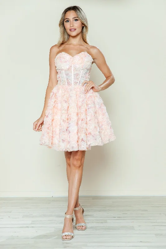 Chic gold party dresses for festive occasions -Rosette Short Strapless A-line Dress by Poly USA 9638