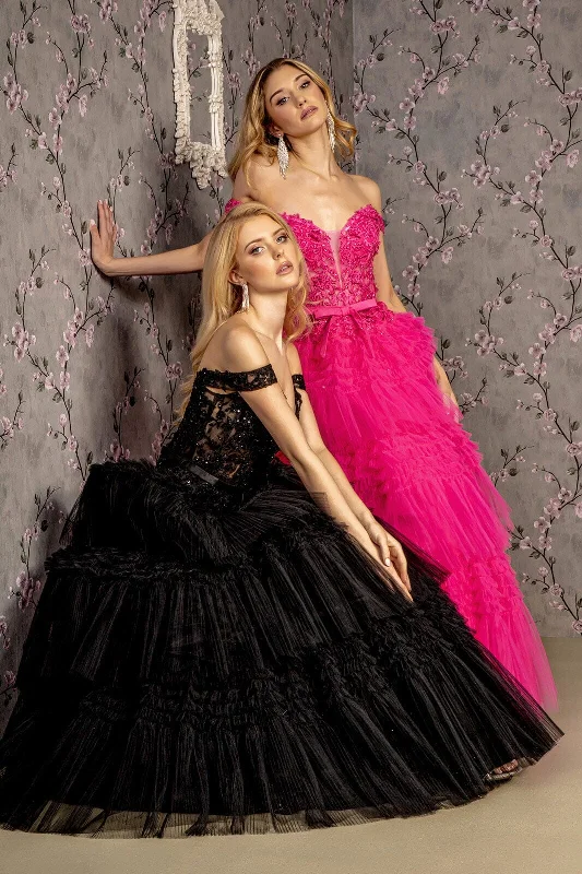 cocktail dresses with floral appliques for spring vibes --Embroidered Off Shoulder Tiered Gown by GLS Gloria GL3391