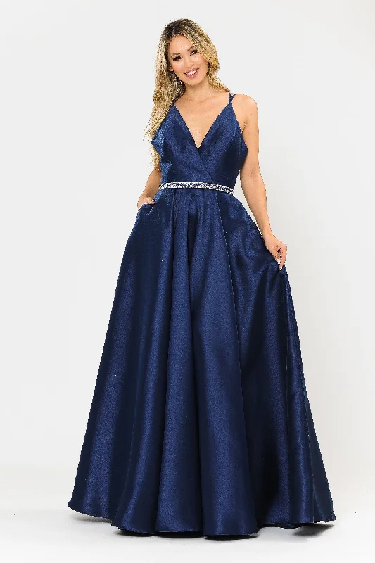 formal dresses for post-surgery patients with easy closures --Long Mikado V-Neck Dress with Strappy Back by Poly USA 8690