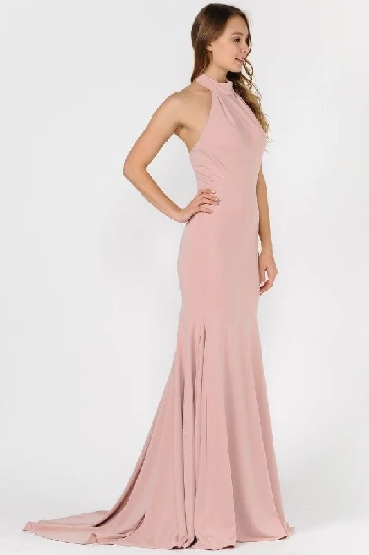 bridesmaid dresses with lace overlays for vintage style --Long High-Neck Mermaid Dress with Train by Poly USA 8252