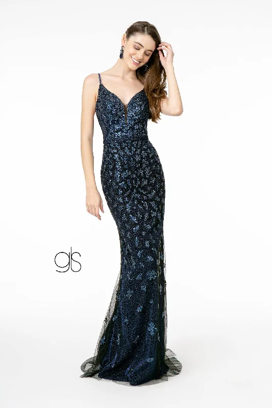 formal dresses with satin sashes for waist accentuation --Long V-Neck Glitter Mermaid Dress by Elizabeth K GL2917