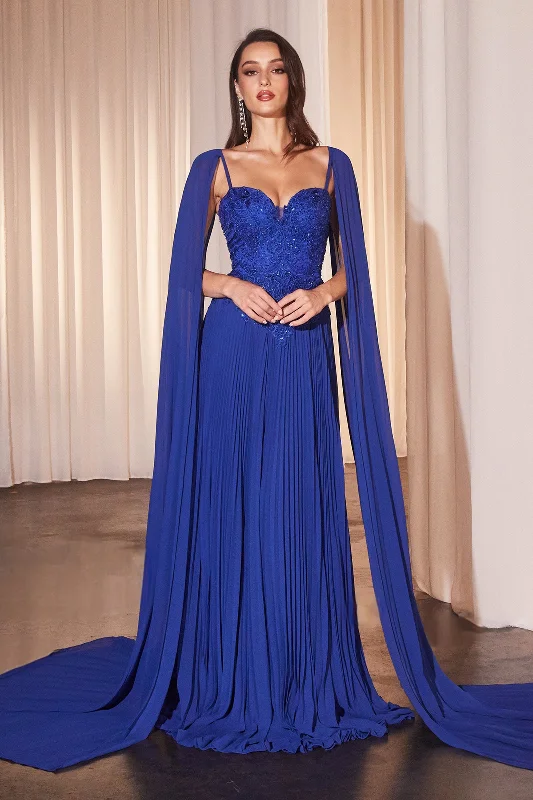 Short cocktail dresses for wedding guest fashion -Pleated Cape Sleeve A-line Gown by Ladivine CJ937