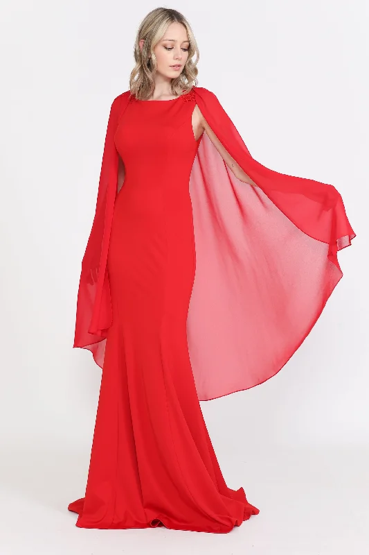 formal dresses with lace necklines for feminine touch --Fitted Long Sleeveless Cape Dress 8566