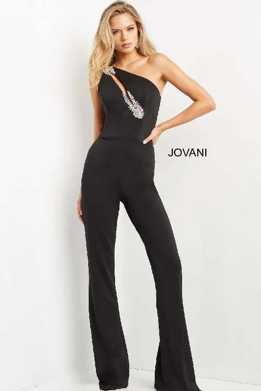 formal dresses for cocktail parties with fitted silhouettes --Beaded Jersey One Shoulder Jumpsuit by Jovani 09019