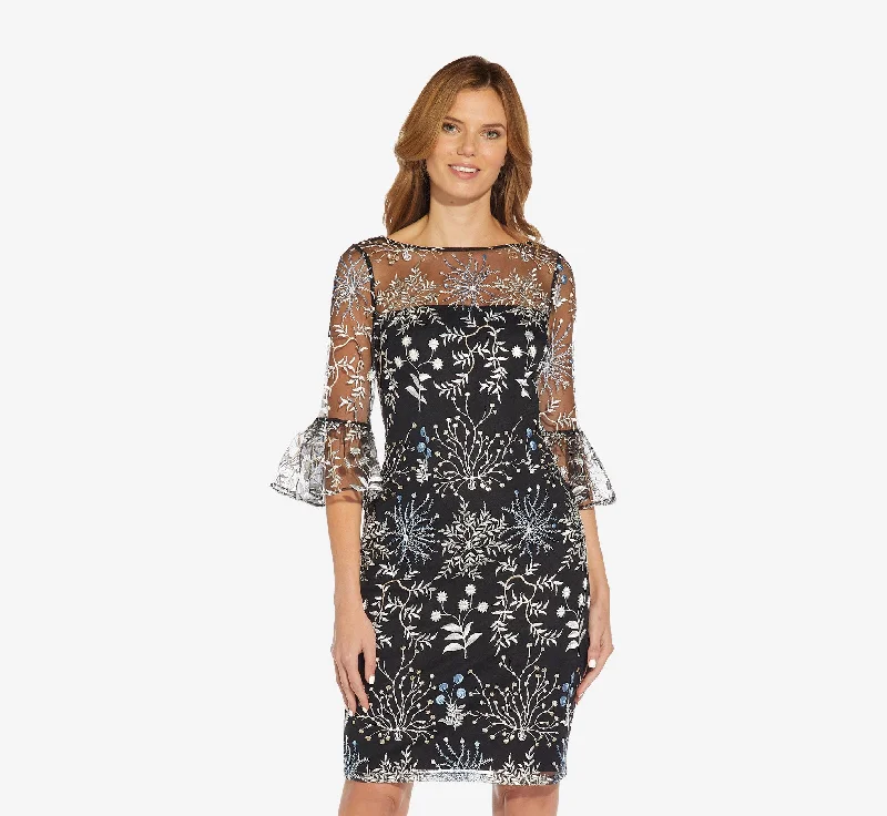 Spring dresses for sunny days with cool fabrics -Embroidered Three Quarter Sleeve Short Sheath Dress With Bell Sleeves In Blue Multi