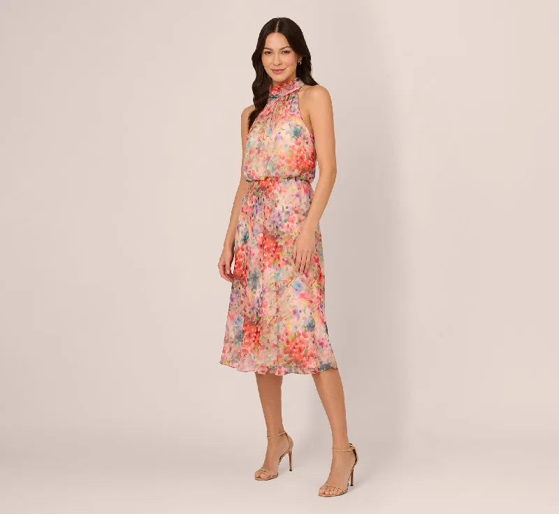 Trendy wedding guest dresses in bold prints for a statement look -Floral Chiffon Halter Midi Dress With Blouson Bodice In Red Multi