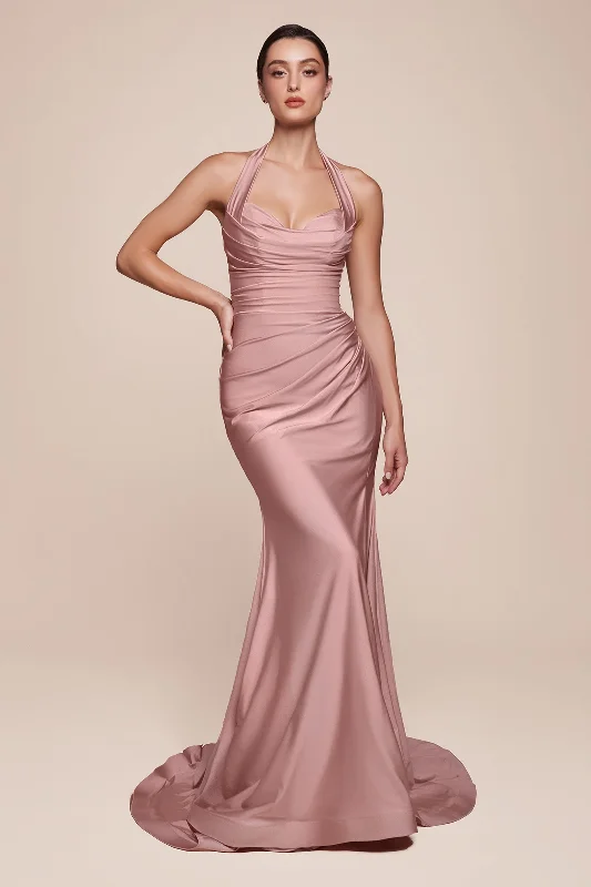 bridesmaid dresses with satin fabric for smooth finish --Satin Fitted Long Halter Slit Dress by Ladivine CD796