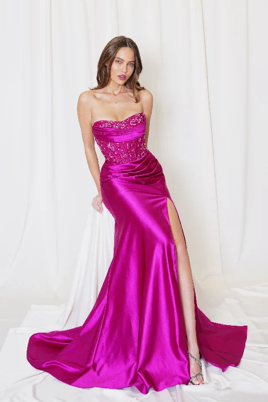 cocktail dresses with peplum details for hourglass figures --Satin Fitted Strapless Slit Gown by Juno M1045