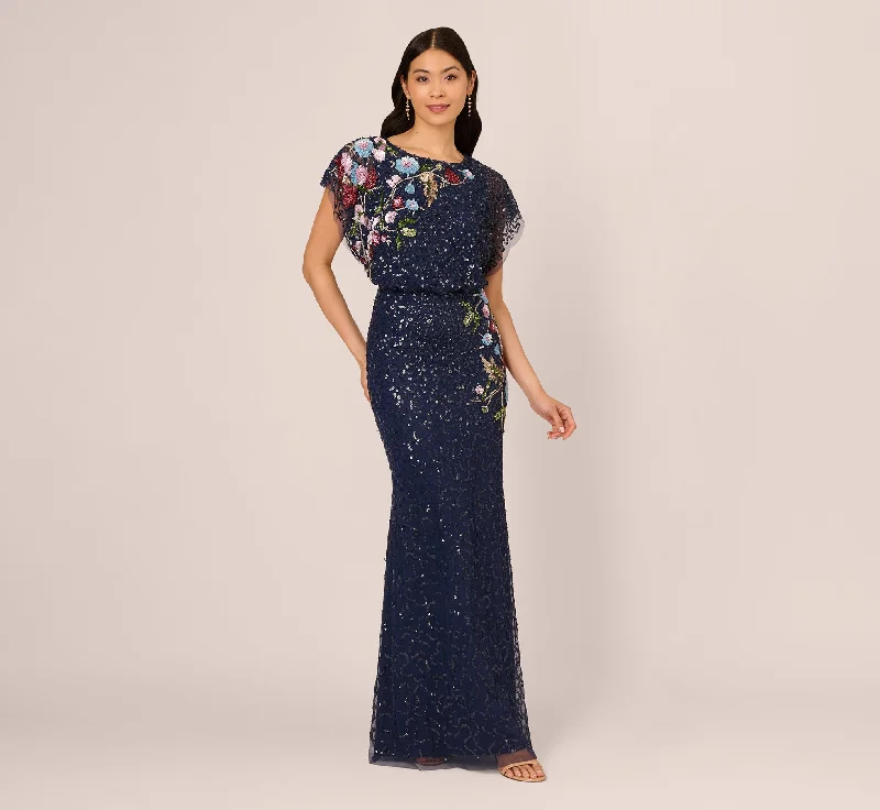 formal dresses with asymmetrical hemlines for trendy looks --Multicolor Floral Beaded Mermaid Gown With Dolman Sleeves In Midnight Multi