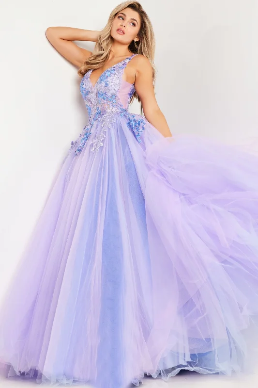 formal dresses for young adults with trendy cuts --Floral Applique Sleeveless A-line Gown by Jovani 24602