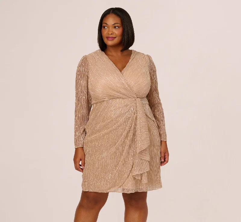 Comfortable spring dresses for long days at work -Plus Size Metallic Long Sleeve Dress With Draped Details In Light Gold