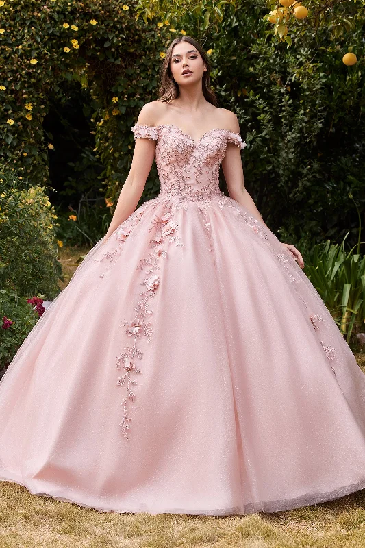 cocktail dresses with satin belts for waist definition --3D Floral Off Shoulder Gown by Cinderella Divine CD0185