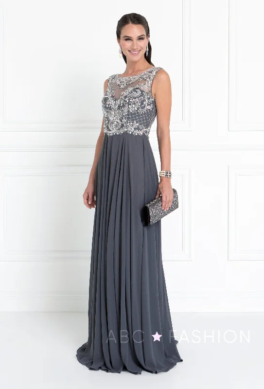 cocktail dresses with satin belts for waist definition --Long Sleeveless Dress with Jeweled Bodice by Elizabeth K GL1565