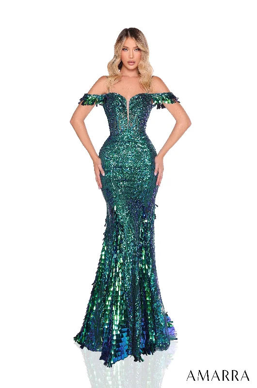 formal dresses for bachelorette parties in bright colors --Sequin Off Shoulder Mermaid Dress by Amarra 88298