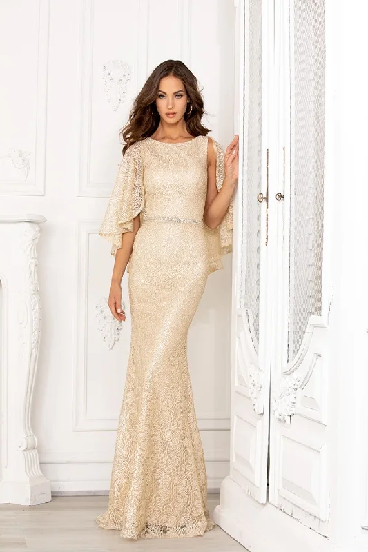 cocktail dresses with satin fabric for smooth texture --Fitted Embroidered Capelet Gown by Lucci Lu 6048W