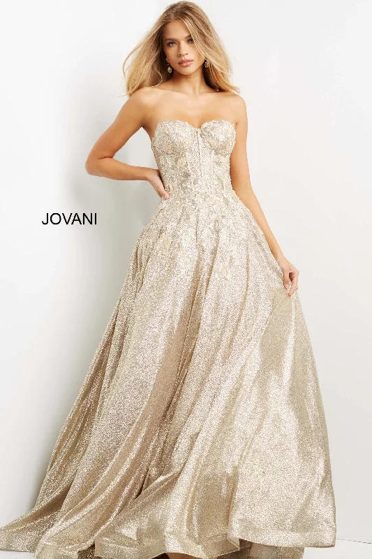 formal dresses with sheer panels for modern style --Glitter Strapless A-line Gown by Jovani 07497