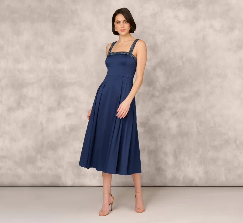 Wedding guest dresses with off-shoulder necklines for a graceful touch -Stretch Mikado Midi Dress With Beaded Neckline And Straps In Navy