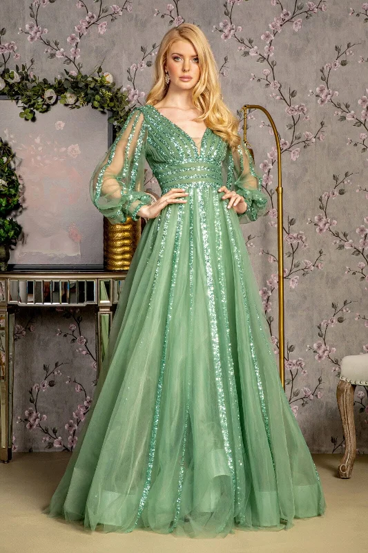 Wedding guest dresses with intricate lace work for added sophistication -Sequin Long Sleeve A-line Mesh Gown by GLS Gloria GL3495
